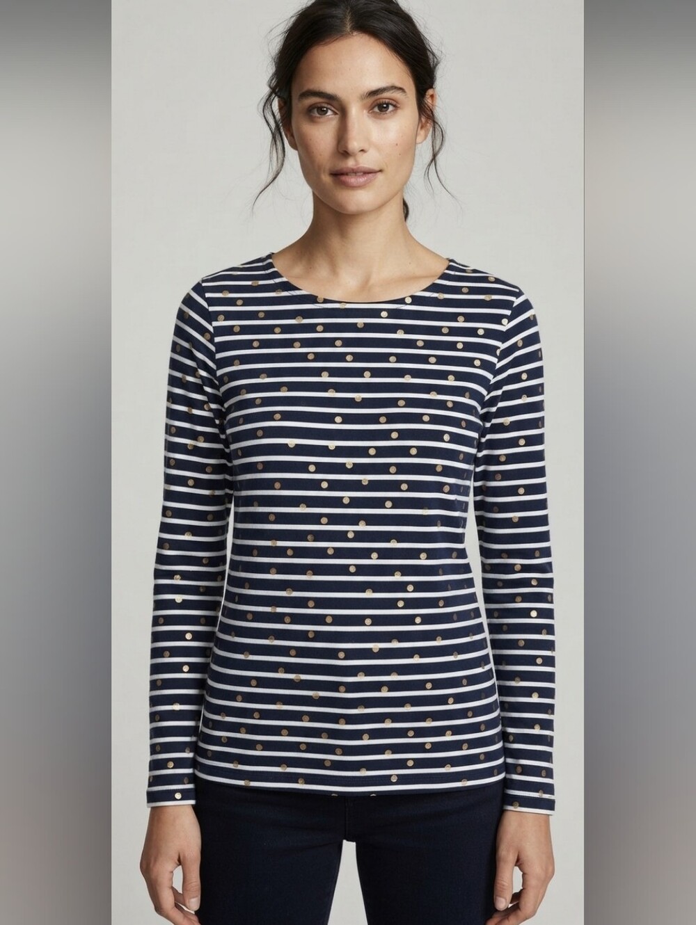 Boden polka dot stripe gold white blue long sleeve round neck top size 10
